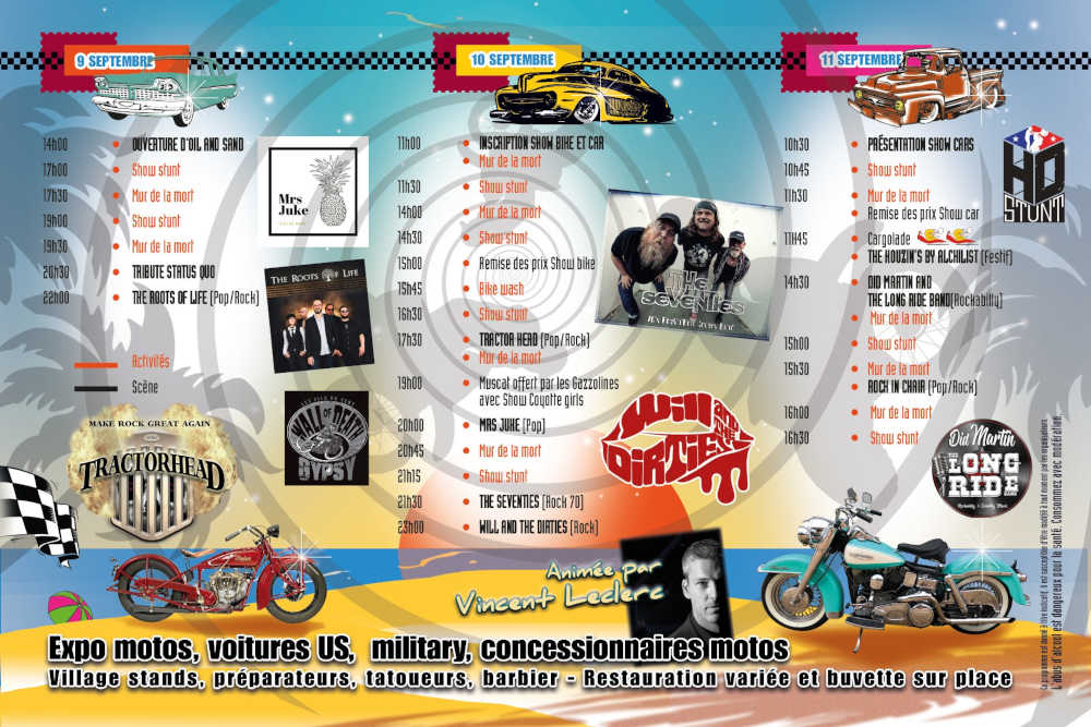 expo moto voiture américaine militaire tatoueur restauration buvette show programme oil & sand 2022