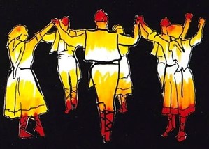 sardane danse traditionnelle catalane fond noir couleurs jaune orange rouge